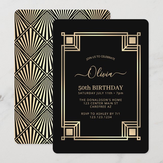 Invitation Art Déco Élégant 50e Anniversaire (Devant / Derrière)