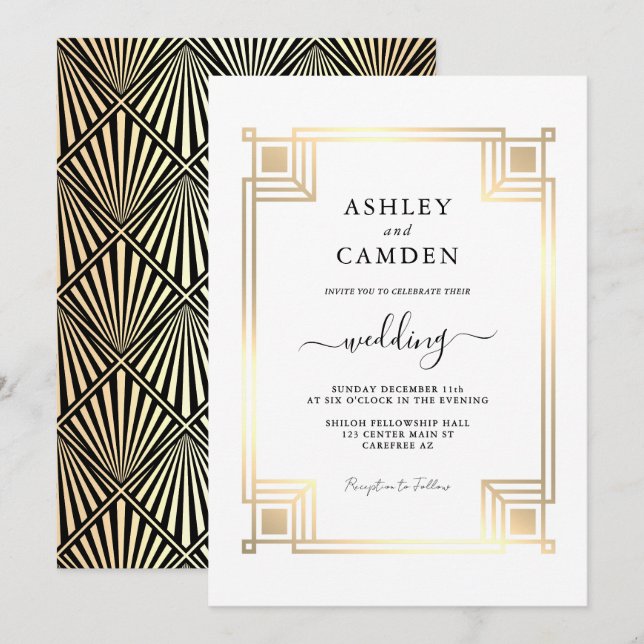 Invitation Art Déco Élégant Cadre Doré Mariage Blanc (Devant / Derrière)