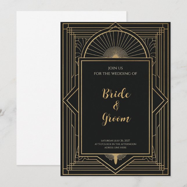 Invitation Art Déco Élégant Éclat Noir et Or (Devant / Derrière)