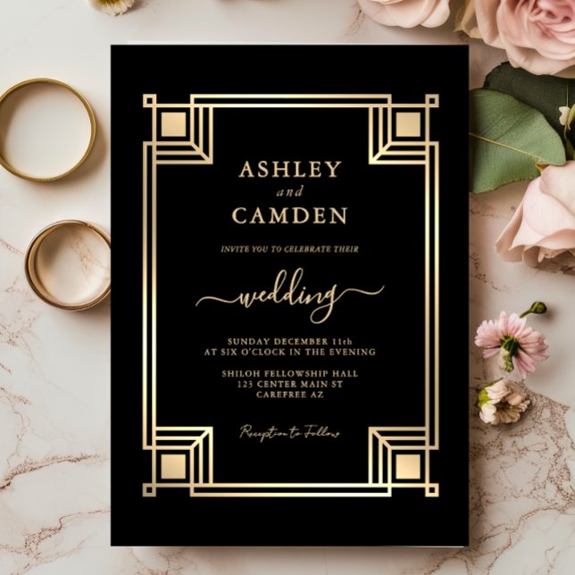 Invitation Art Deco Elegant Gold Frame Black Wedding (Créateur téléchargé)