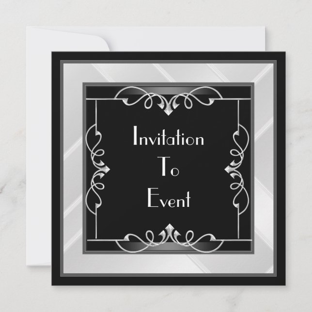 Invitation Art Déco élégante noire argentée blanch (Devant)