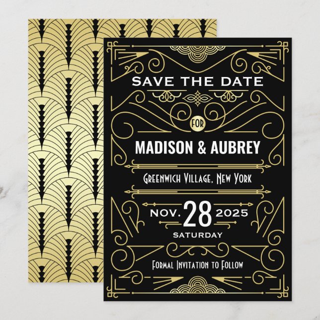 Invitation Art Déco Enregistrer la date Mariage Elegant Gold  (Devant / Derrière)