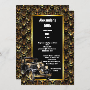 Invitation Art déco esquisse automobile arch or noir motif
