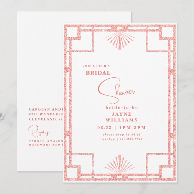Invitation Art Déco Fête de Mariage Paillettes Roses (Devant / Derrière)