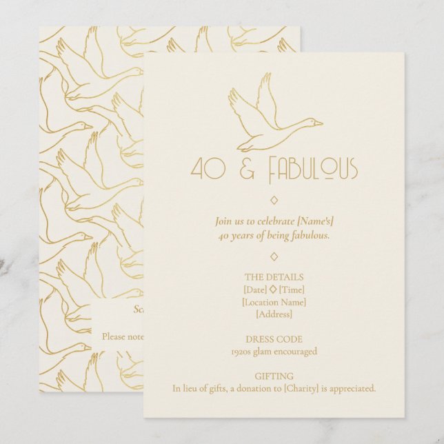 Invitation Art Déco Filigrane d'Or | 40e Anniversaire d'Oie (Devant / Derrière)