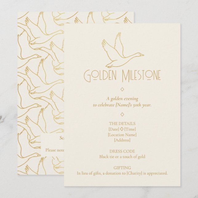 Invitation Art Déco Filigrane d'Or | Anniversaire 50 ans d'un (Devant / Derrière)