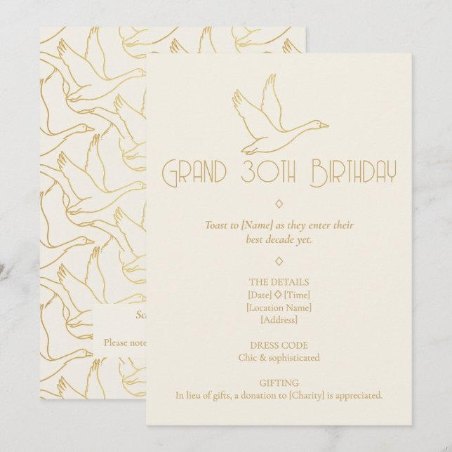 Invitation Art Déco filigrane d'or | Anniversaire des 30 ans  (Devant / Derrière)