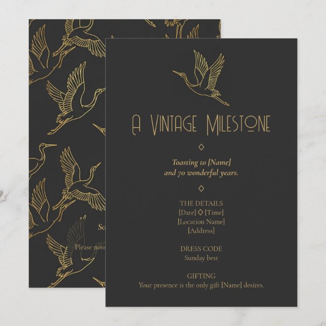 Invitation Art Déco filigrane d'or | Grue 70e anniversaire (Devant / Derrière)