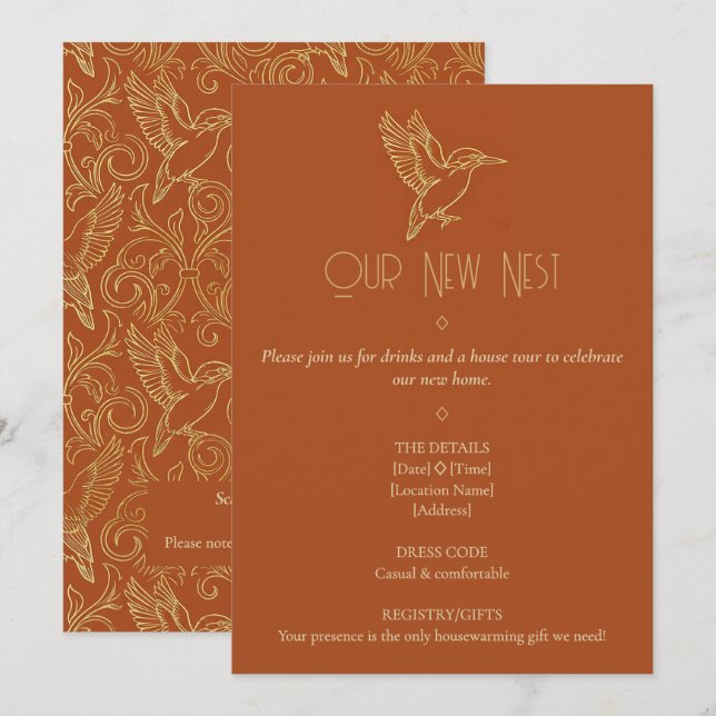 Invitation Art Déco Filigrane d'Or | Martin-pêcheur pour pend (Devant / Derrière)