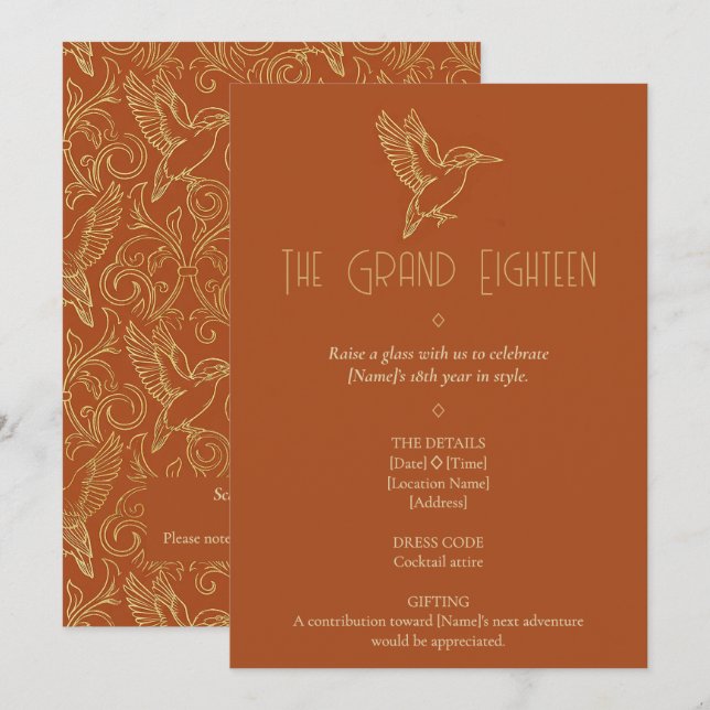 Invitation Art Déco Filigrane Doré | Martin-pêcheur 18e Anniv (Devant / Derrière)
