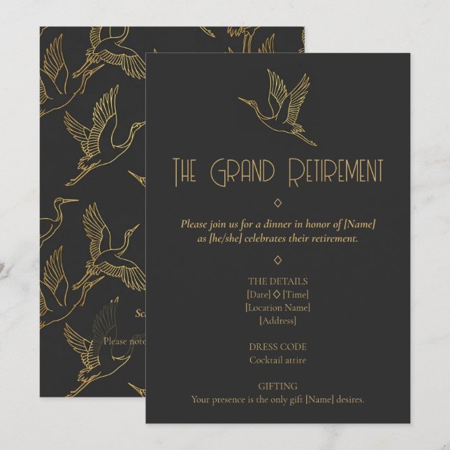 Invitation Art Déco filigrane or | Grue Retraite (Devant / Derrière)
