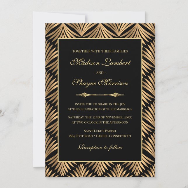 Invitation Art Déco Floral Black Gold Great Gatsby Mariage (Devant)