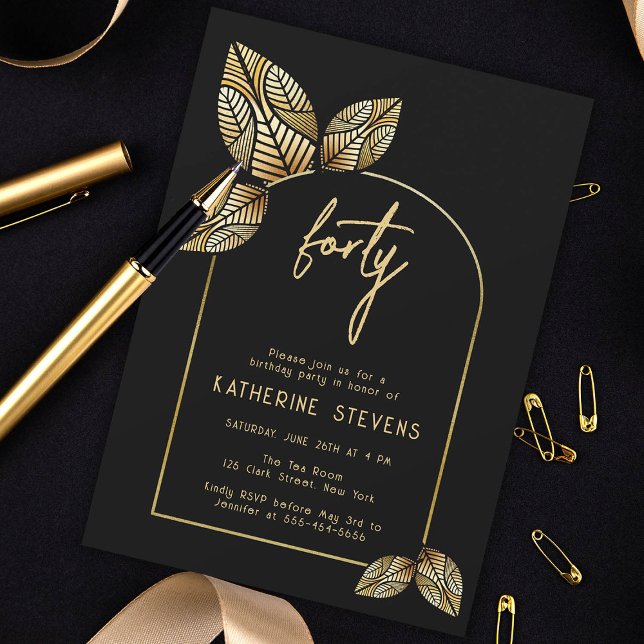 Invitation Art Déco Foliage Or Boho Botanique 40e anniversair (art deco gold black botanical leaf 40th birthday invitation card diy women gatsby roaring 20s classy)