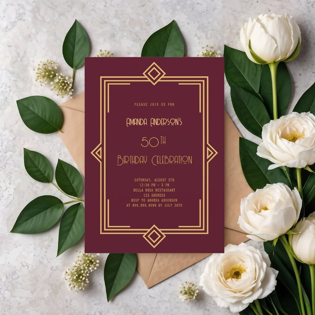Invitation Art Déco Gatsby anniversaire d'or bordeaux (Créateur téléchargé)