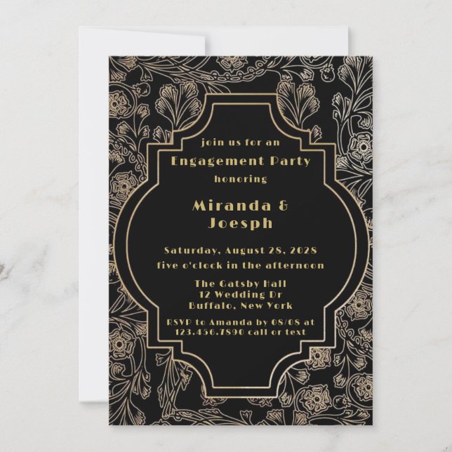 Invitation Art Déco Gatsby Black Gold Flower Party (Devant)