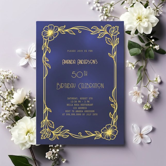 Invitation Art Deco Gatsby blue gold birthday (Créateur téléchargé)