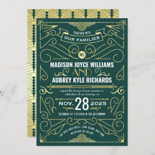 Invitation Art Déco Gatsby Mariage Élégant Or Vert foncé