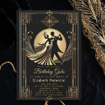 Invitation Art Déco Gatsby Roaring 20s Interdiction Anniversa<br><div class="desc">Un bon plaisir rugissant vous attend avec cette élégante invitation de gala d'anniversaire avec un thème rugissant des années 20, avec un cadre déco et la silhouette d'une élégante femme dansant avec son partenaire. Un modèle parfait pour une fête d'anniversaire pour un thème Great Gatsby, en or et noir. Que...</div>