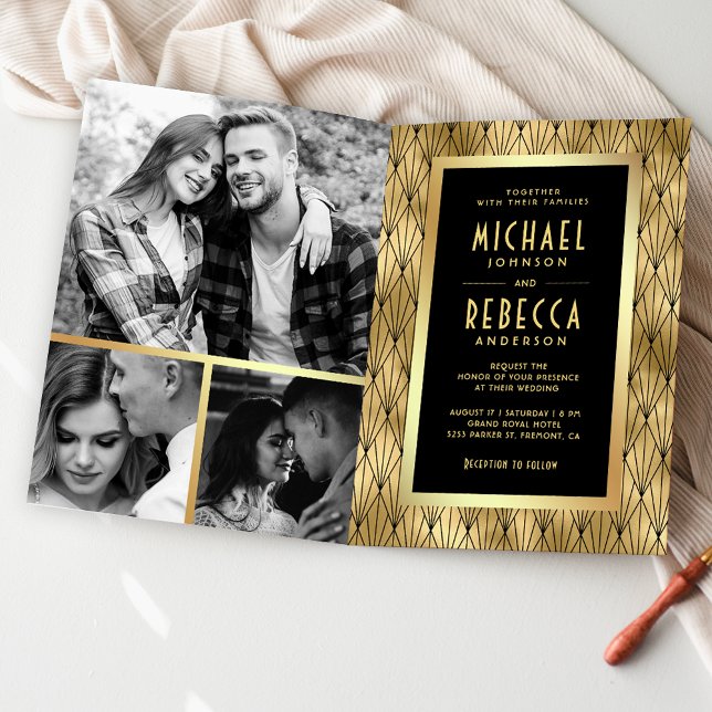 Invitation Art Déco Géométrique Code QR Mariage Noir Or (Créateur téléchargé)