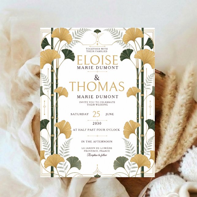 Invitation Art Déco Ginkgo Mariage Botanique Bambou Or (Créateur téléchargé)