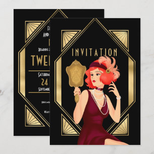 Invitation Art Déco Glam Girl 21e anniversaire Gold Black