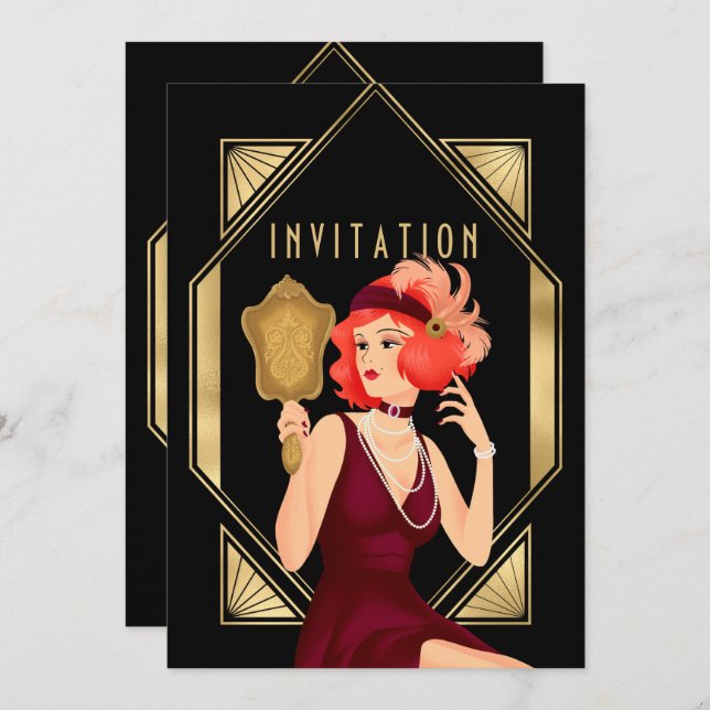 Invitation Art Déco Glam Girl 40th Birthday Gold Black (Devant / Derrière)