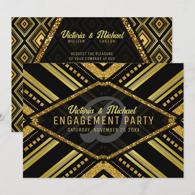 Invitation Art Déco Glamor Noir Gatsby Fiançailles (Devant / Derrière)