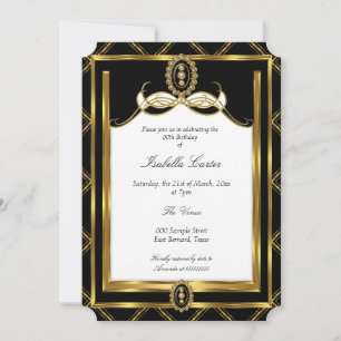 Invitation Art Déco Gold bijou noir blanc fête d'anniversaire