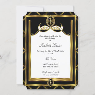 Invitation Art Déco Gold bijou noir blanc fête d'anniversaire