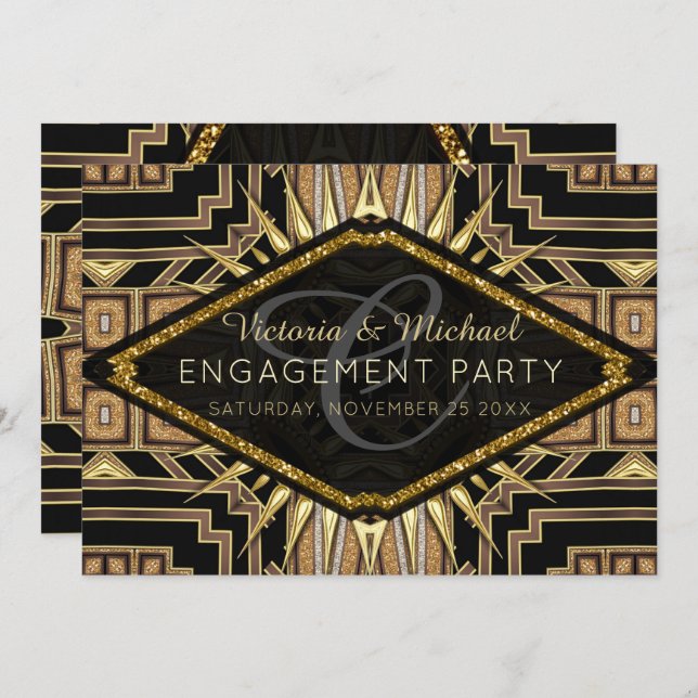 Invitation Art Déco Gold + Black Stylish Engagement Party (Devant / Derrière)