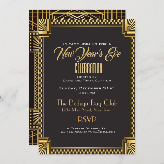 Invitation Art Déco Gold et Noir style NYE Gatsby (Devant / Derrière)