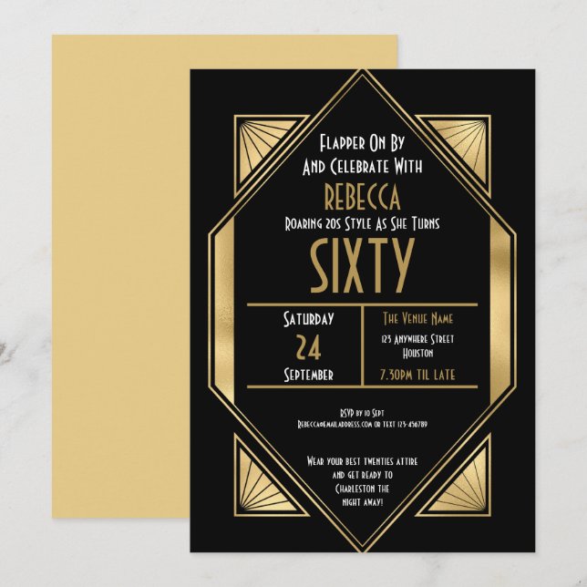Invitation Art Déco Gold Frame 60e Anniversaire Noir (Devant / Derrière)