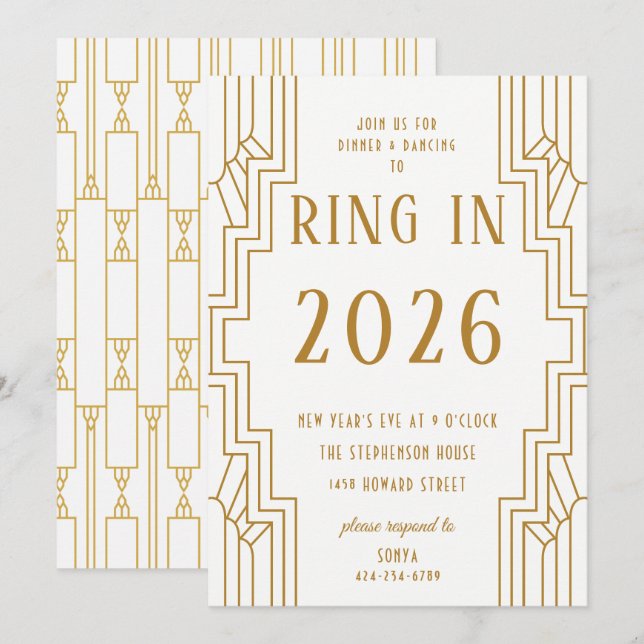 Invitation Art Déco Gold Frame New Year's Eve Party (Devant / Derrière)