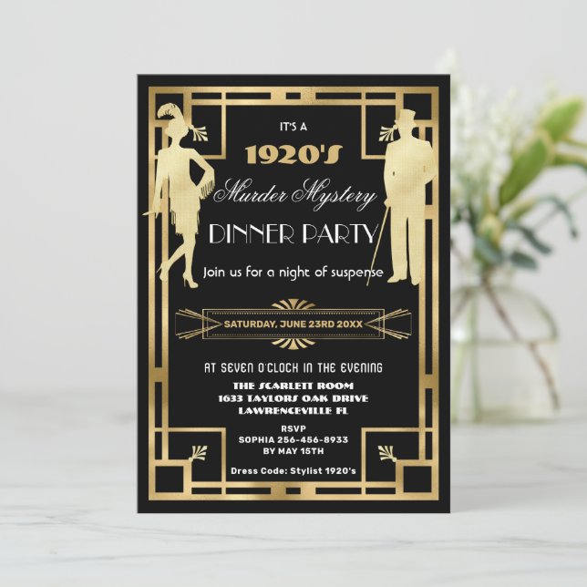 Invitation Art Déco Gold Roaring 20s Meurtre Mystery Party (Debout devant)