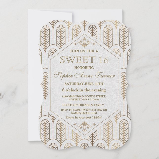 Invitation Art Déco Grand Gatsby Blanc Or SWEET 16 (Devant)