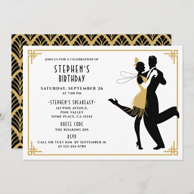 Invitation Art Déco/Great Gatsby/Roaring 1920 Anniversaire (Devant / Derrière)
