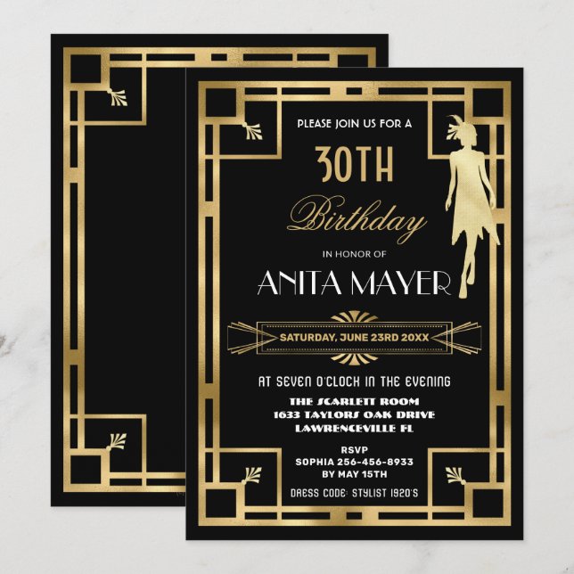 Invitation Art Déco Great Gatsby Roaring 20s Anniversaire N'I (Devant / Derrière)