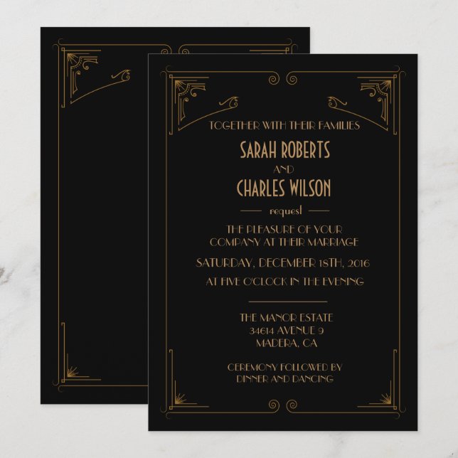Invitation Art Déco Great Gatsby - TOUTE COULEUR (Devant / Derrière)