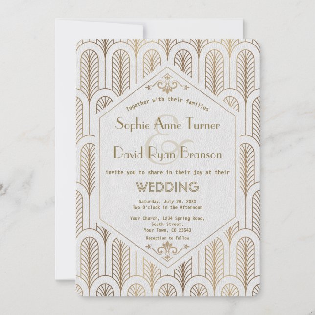 Invitation Art Déco Great Gatsby White Gold Mariage (Devant)