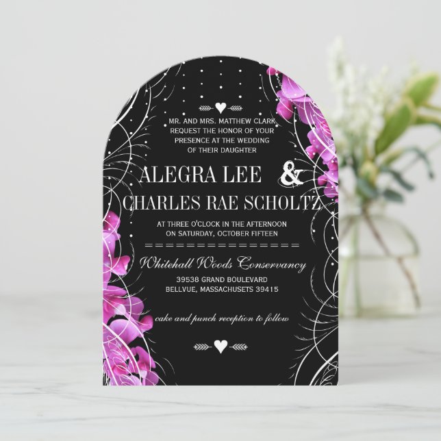 Invitation Art Déco Heirloom Sweet Pea sur Mariage noir (Debout devant)