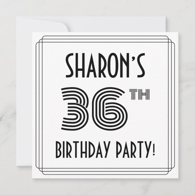 Invitation Art Deco Inspired 36th Birthday Party, Custom Name (Devant)