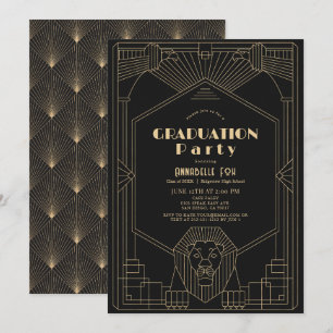 Invitation Art Déco Lion Gatsby Noir Diplômé Années 20