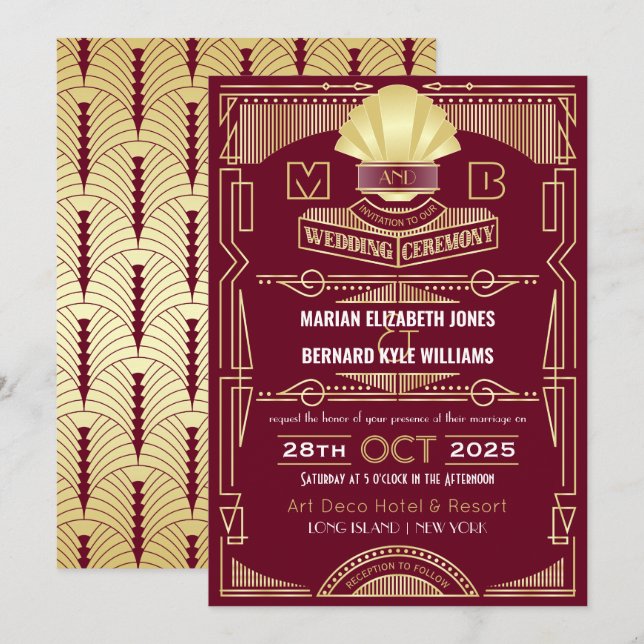 Invitation Art Déco Mariage Elégant Gold Burgundy Gatsby (Devant / Derrière)