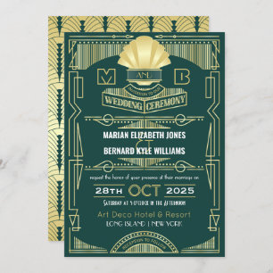 Invitation Art Déco Mariage Elégant Gold Green Great Gatsby