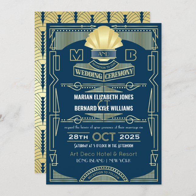 Invitation Art Déco Mariage Elegant Or Bleu Grand Gatsby (Devant / Derrière)
