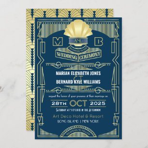 Invitation Art Déco Mariage Elegant Or Bleu Grand Gatsby