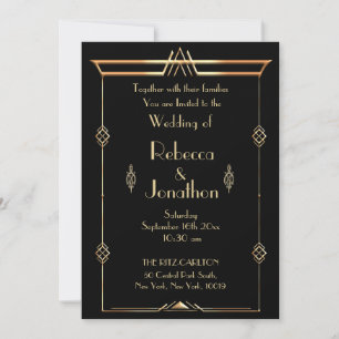 Invitation Art Déco Mariage Gold sur Black Vintage Elegance