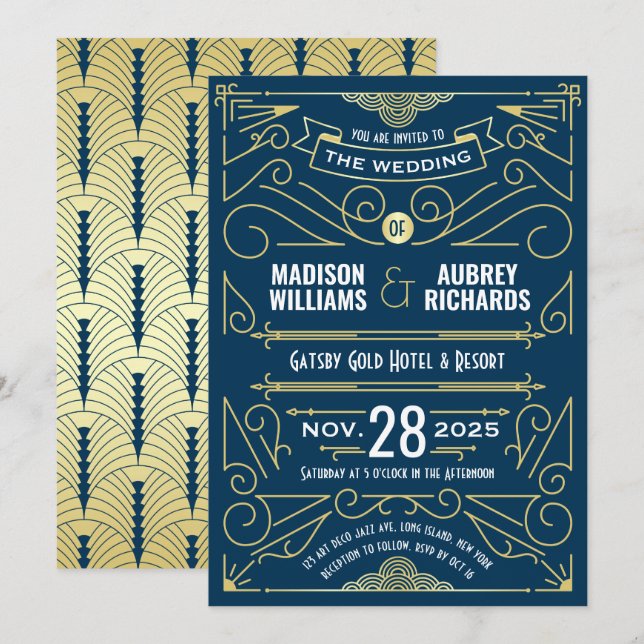 Invitation Art Déco Mariage Great Gatsby Elegant Gold Blue (Devant / Derrière)