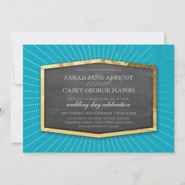 Invitation ART DECO MARIAGE or sunburst gris bleu turquoise (Devant)