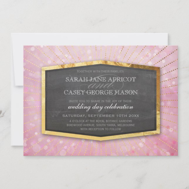Invitation ART DECO MARIAGE or sunburst gris bokeh rose (Devant)